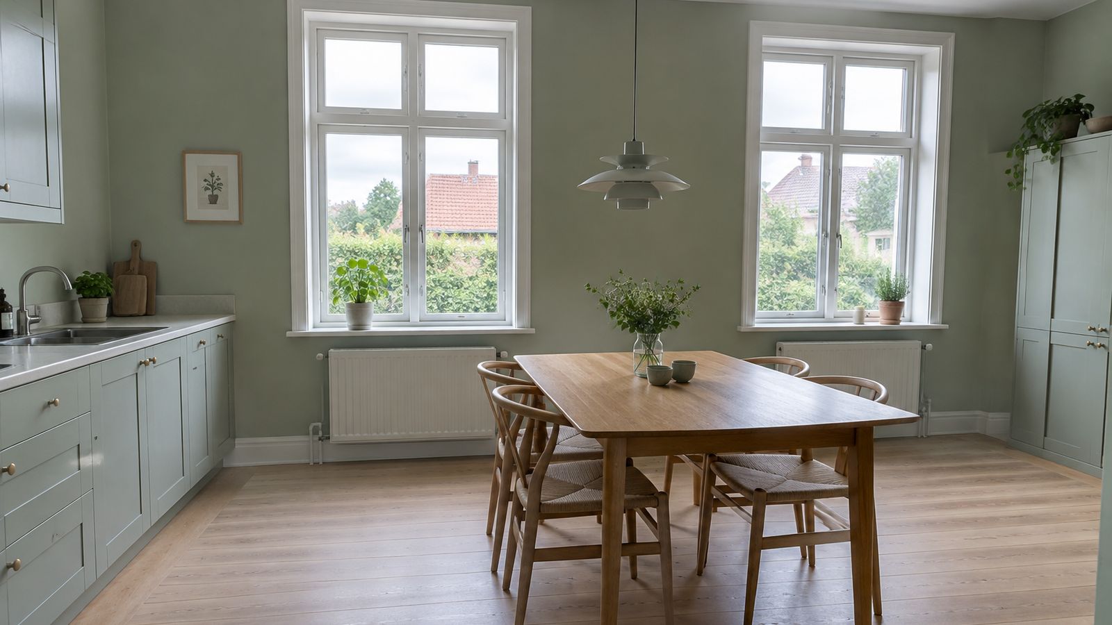 Friskmalet spisekøkken i bleg salviegrøn med hvide vinduer i et dansk hjem